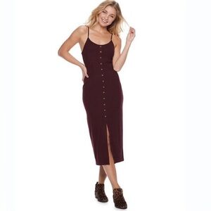 Mudd Midi Ribbed Sleeveless Fitted Slip Dress, Burgundy, Size Medium